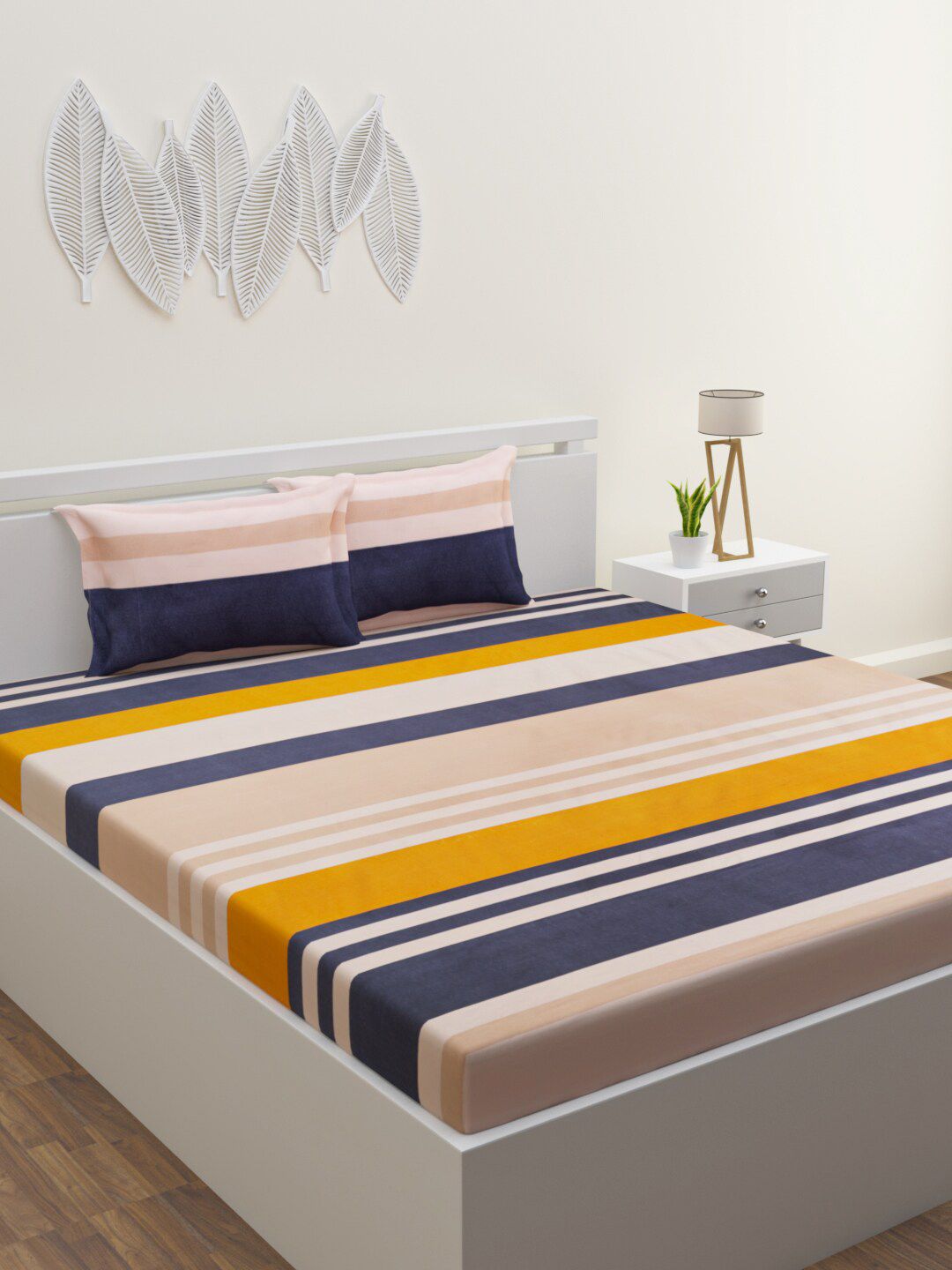 ROMEE Beige & Yellow Striped 300 TC Pure Cotton King Bedsheet with 2 Pillow Covers Price in India