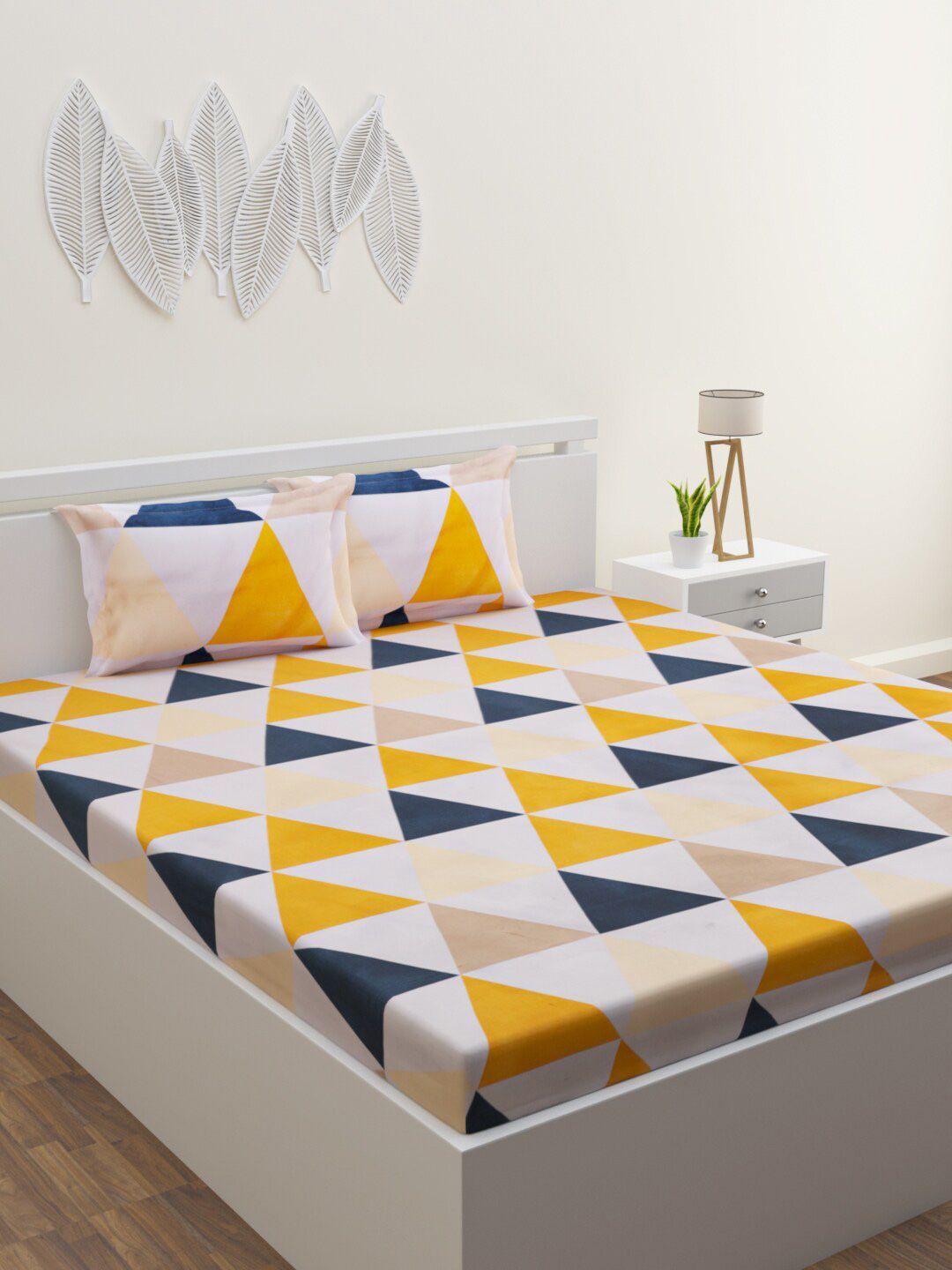 ROMEE Beige & Yellow Geometric 300 TC Pure Cotton King Bedsheet with 2 Pillow Covers Price in India