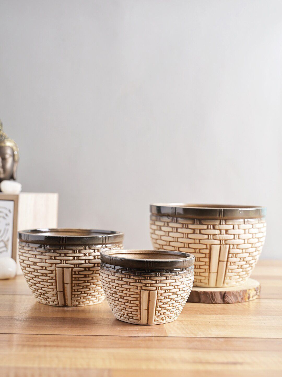 TAYHAA Set of 3 Beige Textured Ceramic Planters Price in India