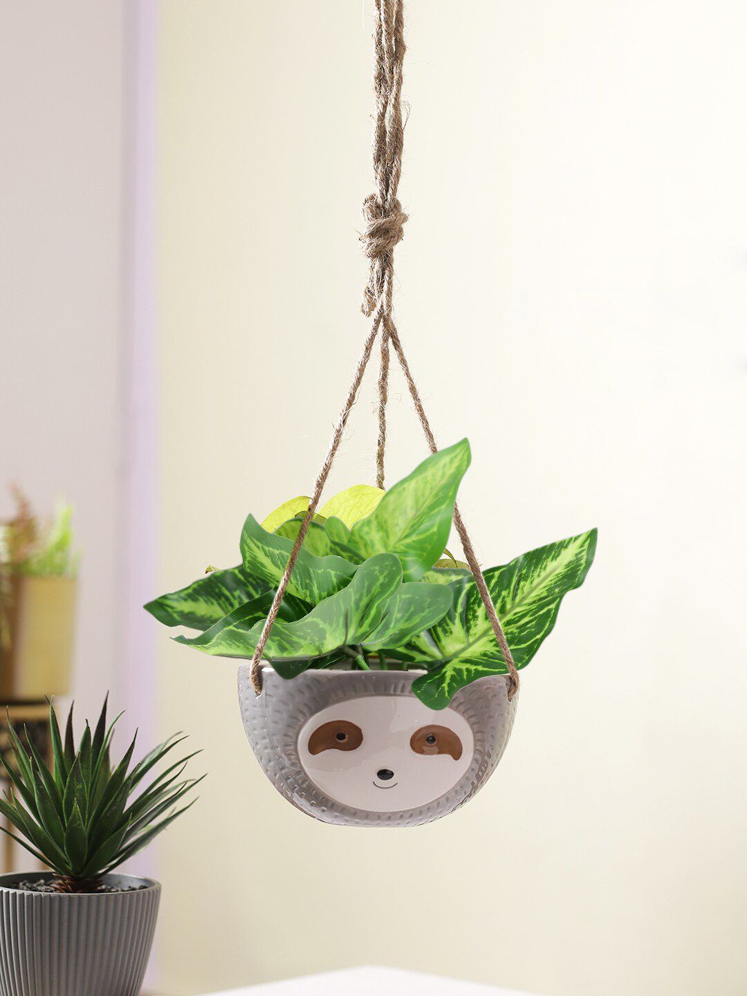 TAYHAA Grey Printed Hanging Ceramic Planter Price in India