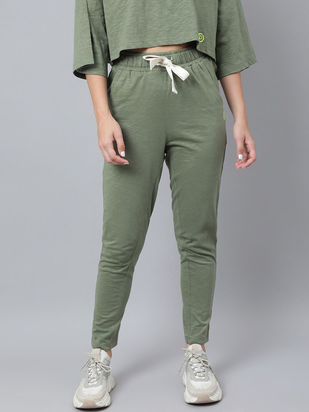 Pritla Women Olive Self Design Organic Cotton Joggers Price in India