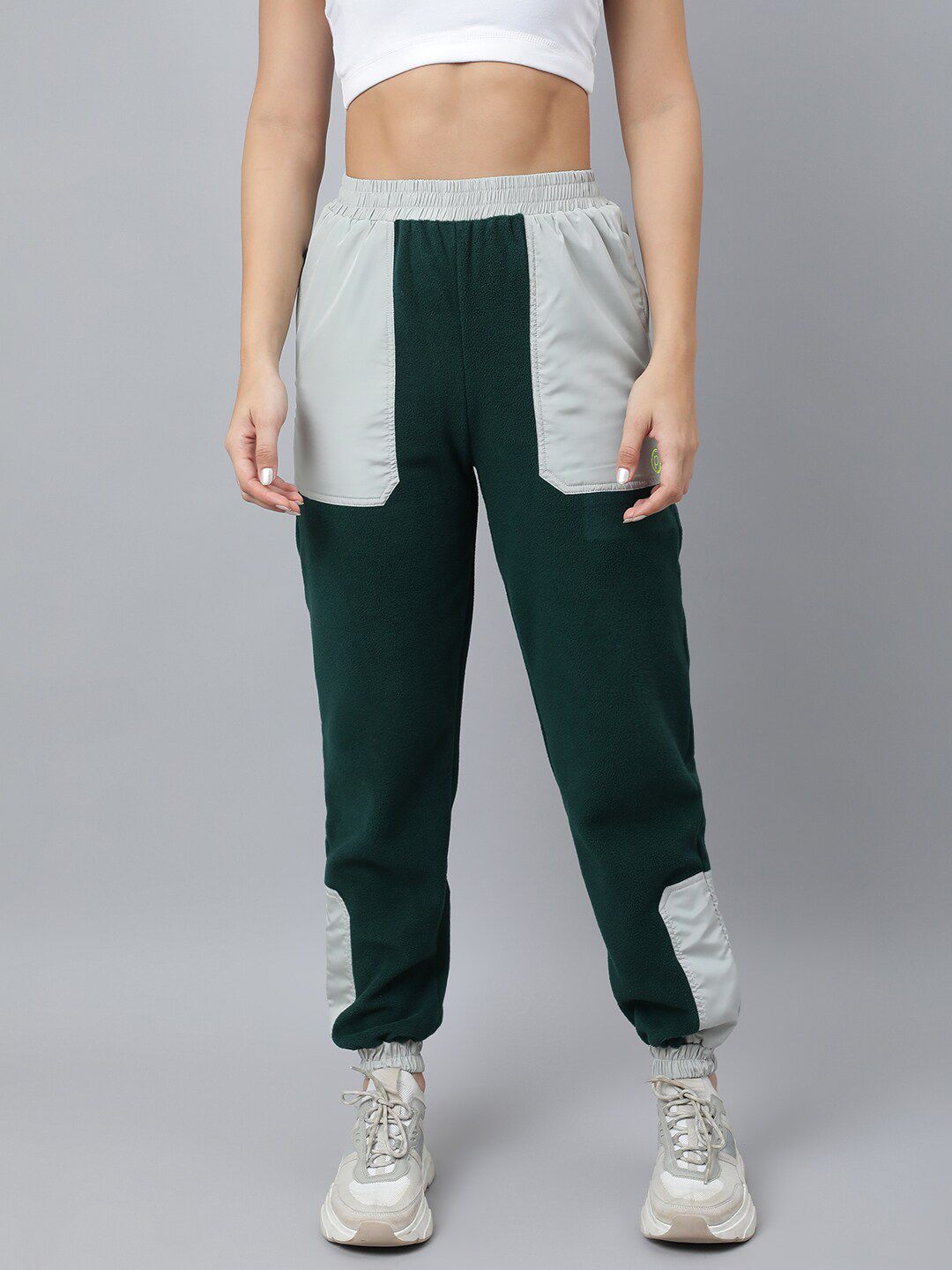 Pritla Women Green & Grey Colorblocked Straight-Fit Joggers Price in India