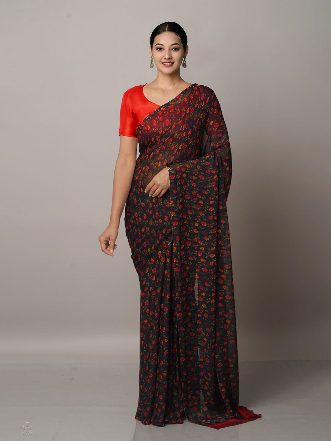Unnati Silks Blue & Red Floral Block Print Saree Price in India