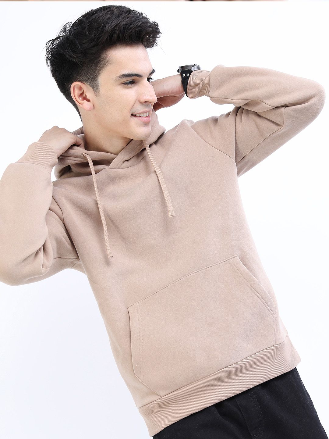 HIGHLANDER Men Beige Solid Hooded Sweatshirt