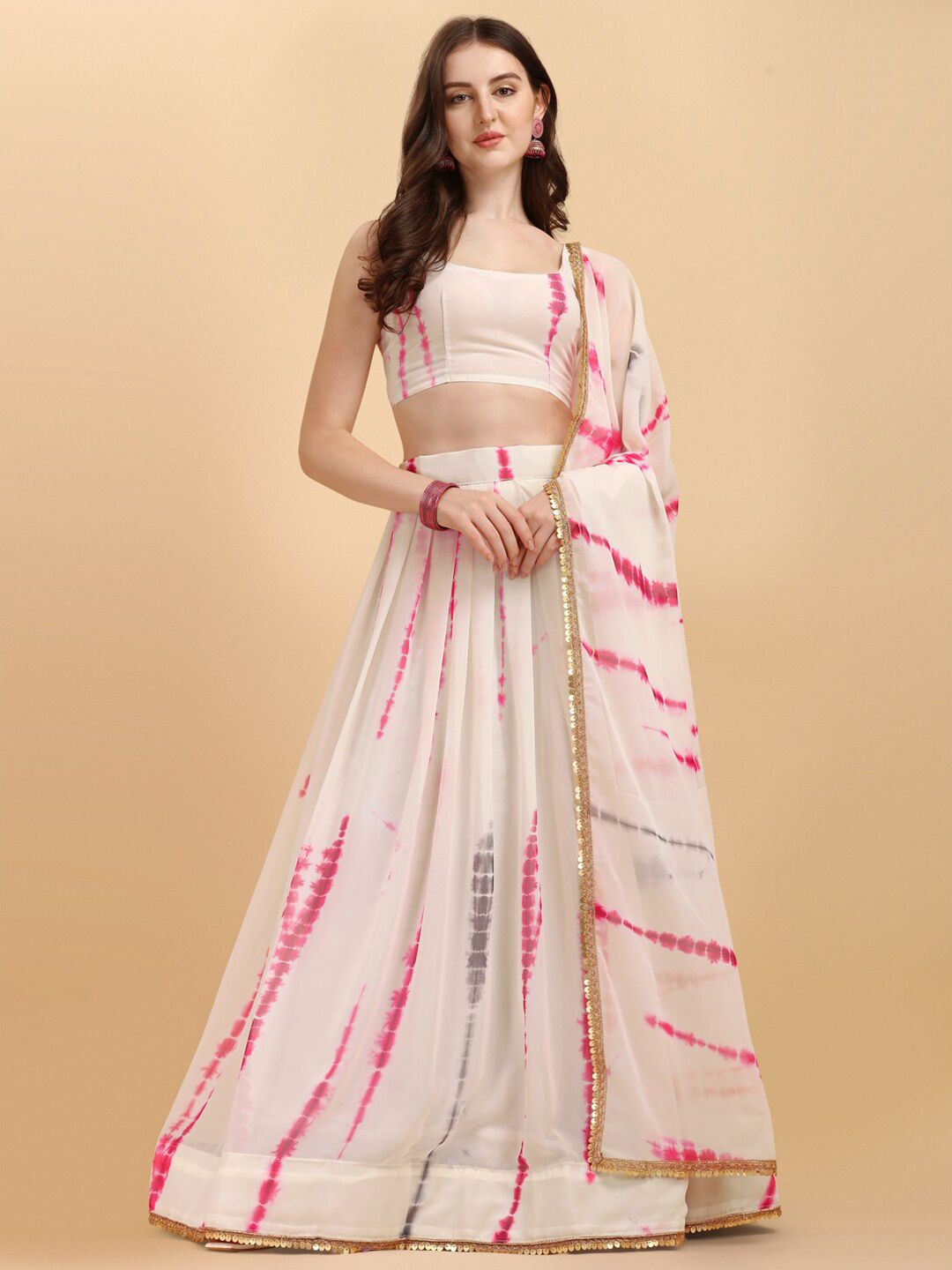 Fab Dadu Women White & Pink Printed Semi-Stitched Lehenga & Unstitched Blouse With Dupatta Price in India