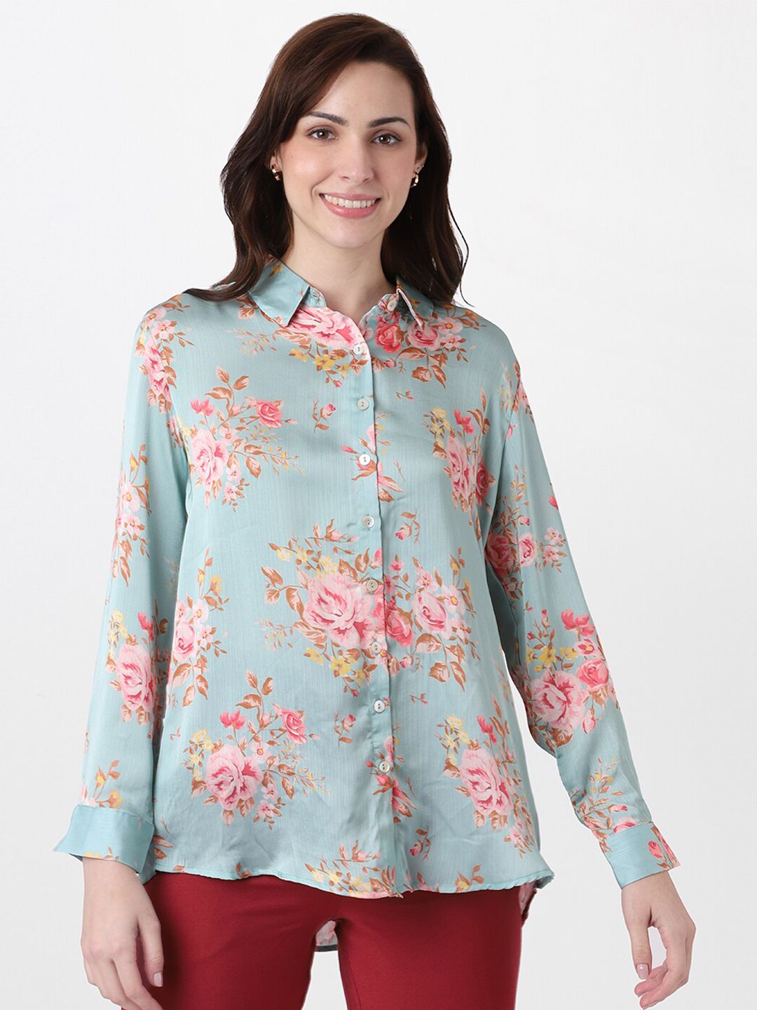 AND Teal Floral Print Styled Back Top Price in India