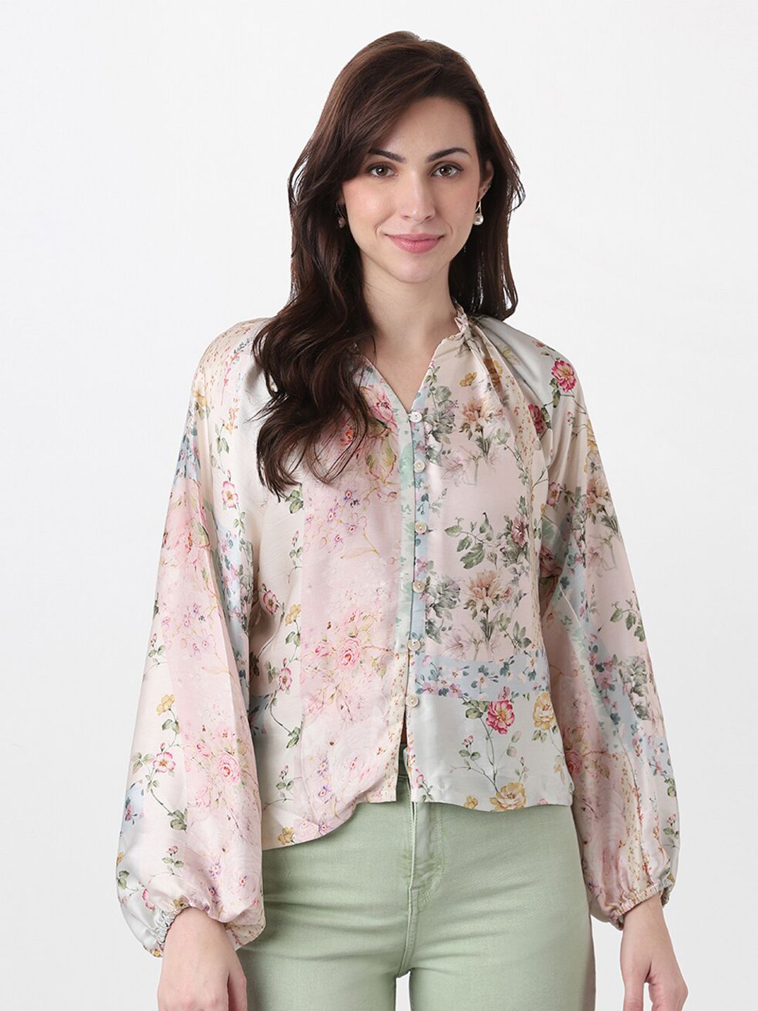 AND Multicoloured Floral Print Mandarin Collar Shirt Style Top Price in India