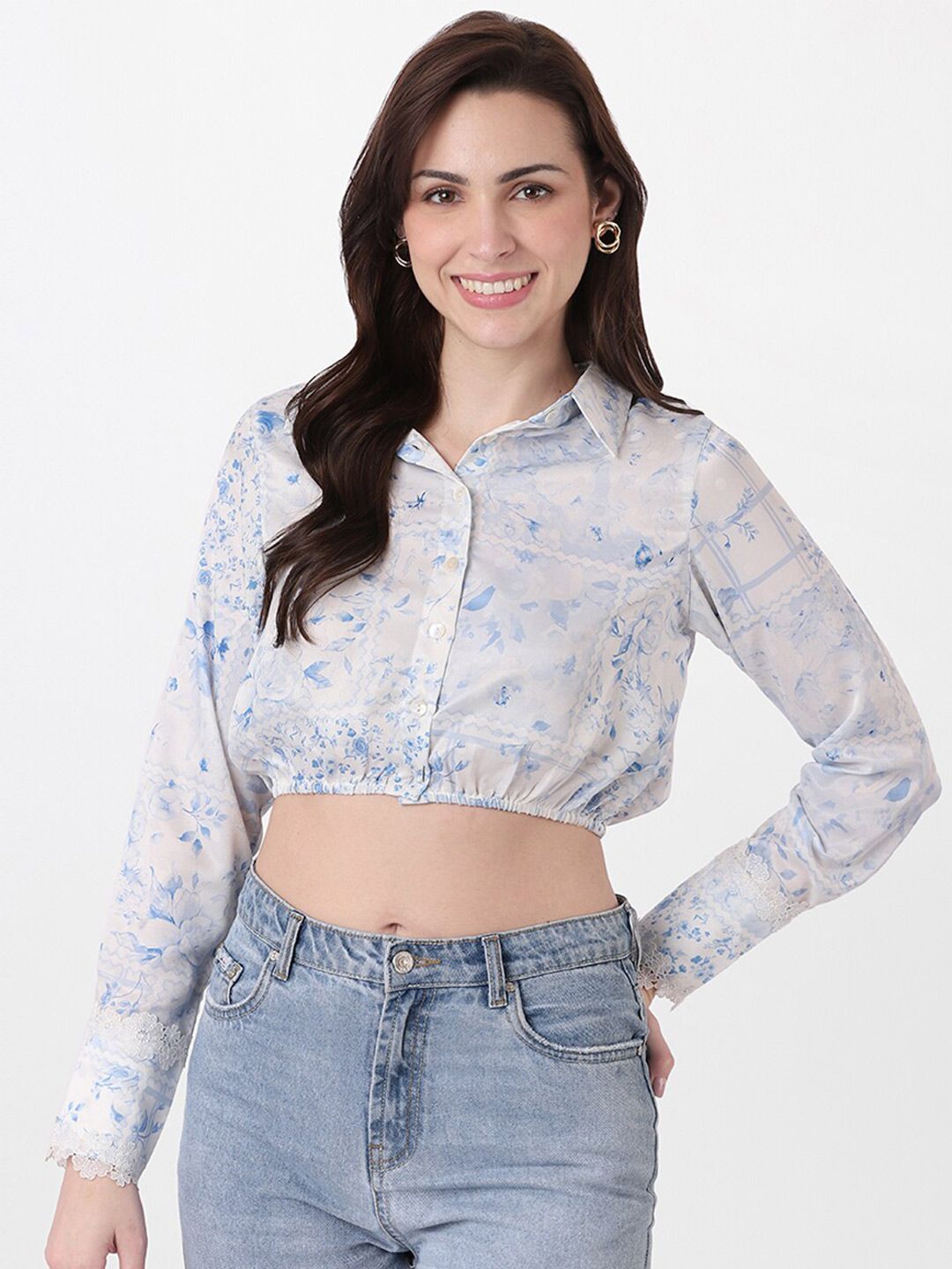 AND Blue Floral Print Shirt Style Top Price in India
