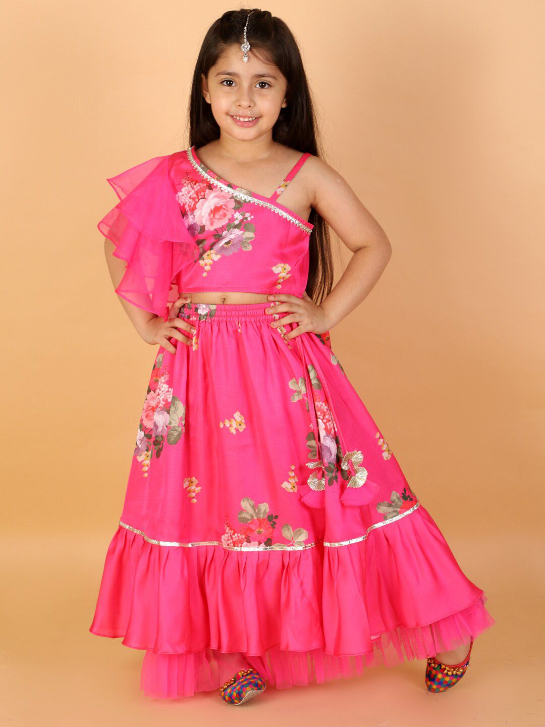 LIL DRAMA Girls Pink & White Printed Thread Work Ready to Wear Lehenga & Choli Price in India