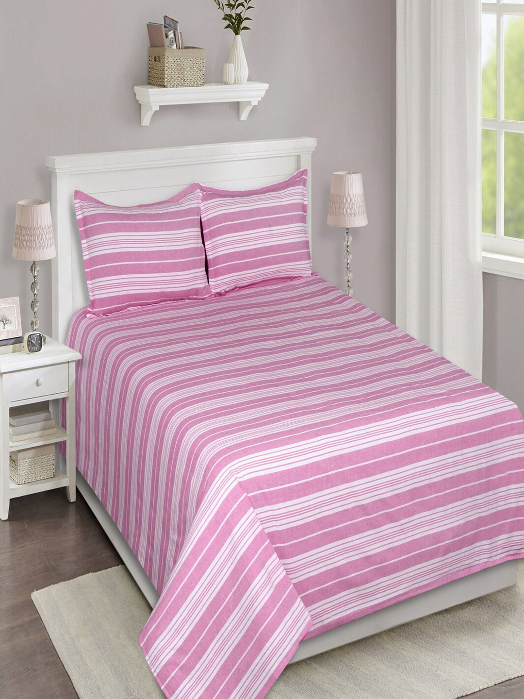 SHADES of LIFE Pink & White Striped 250 TC King Bedsheet with 2 Pillow Covers Price in India