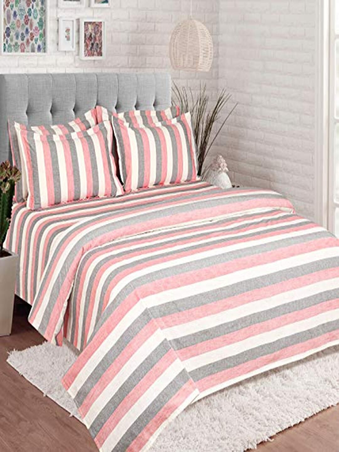 SHADES of LIFE Pink & Grey Striped 250 TC King Bedsheet with 4 Pillow Covers Price in India