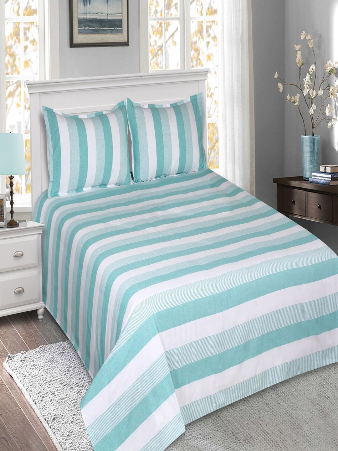 SHADES of LIFE Blue & White Striped 250 TC King Bedsheet with 2 Pillow Covers Price in India