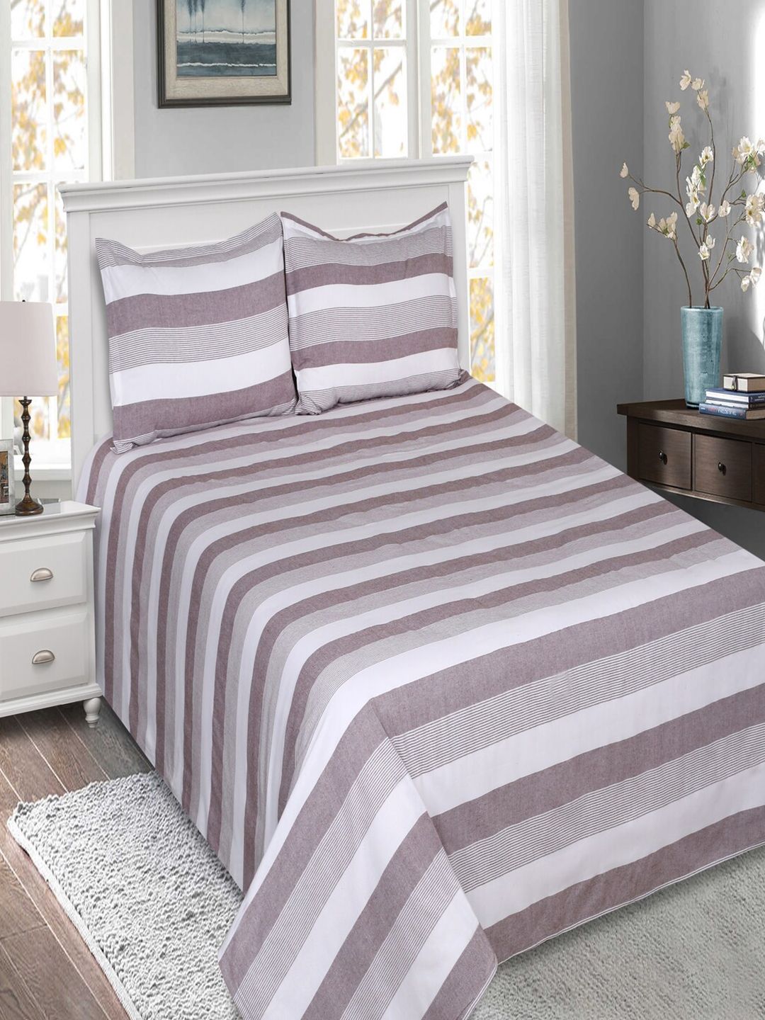 SHADES of LIFE Brown & Grey Striped 250 TC King Bedsheet with 2 Pillow Covers Price in India