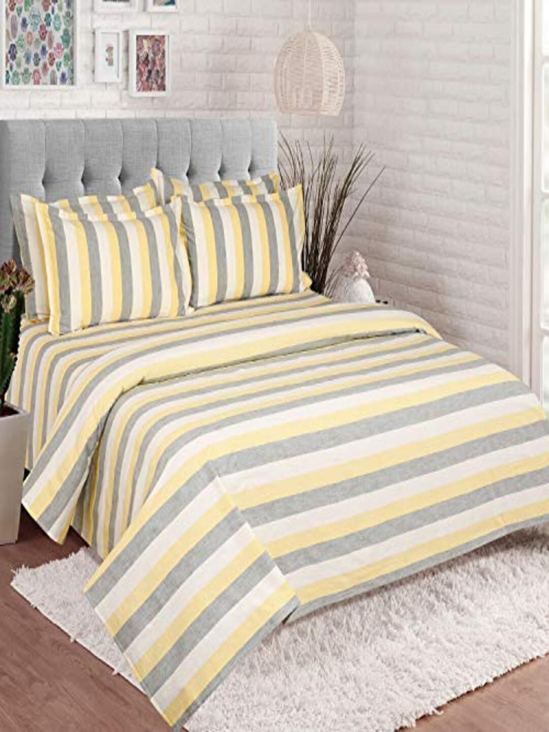 SHADES of LIFE Grey & Yellow Striped 250 TC King Bedsheet with 4 Pillow Covers Price in India