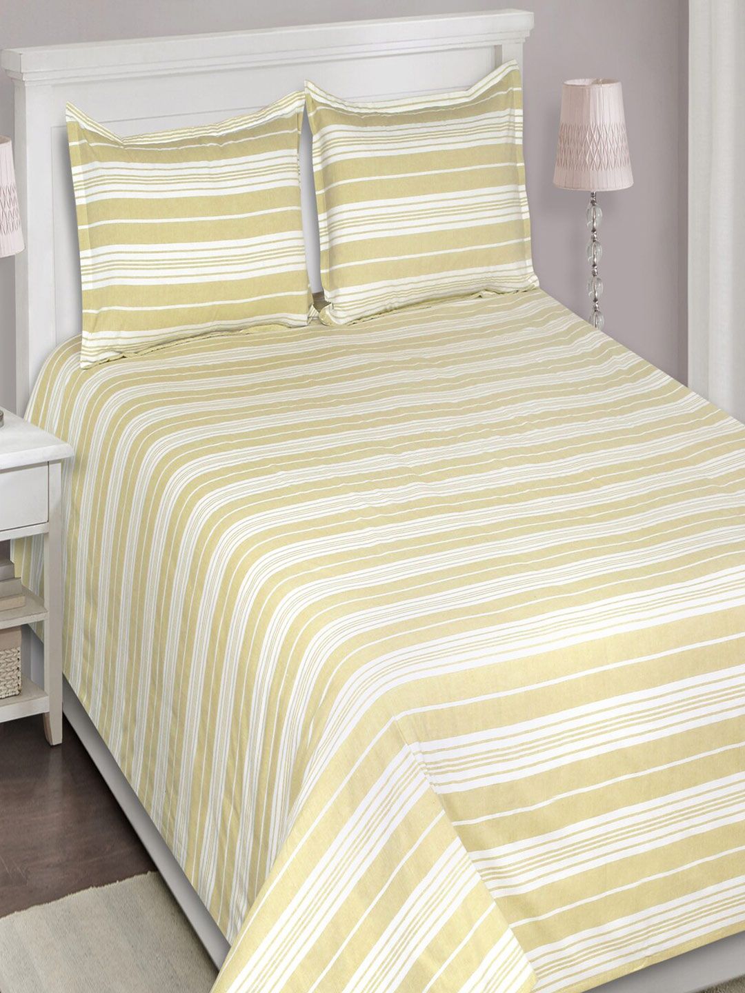 SHADES of LIFE Yellow & White Striped 250 TC King Bedsheet with 2 Pillow Covers Price in India