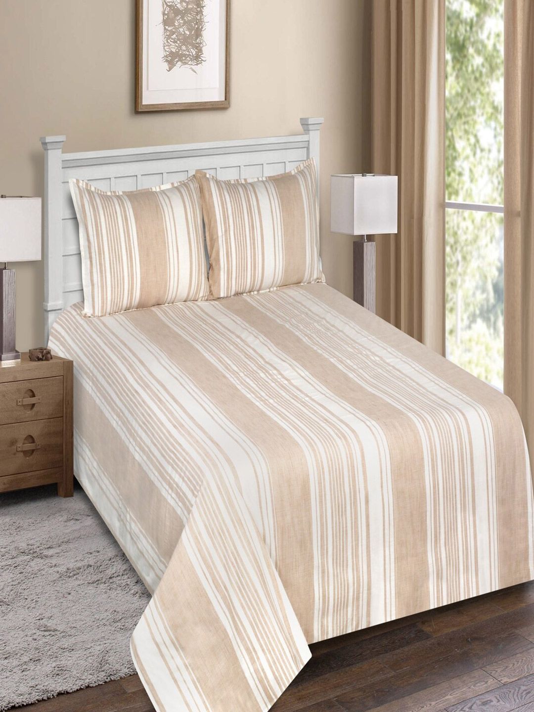 SHADES of LIFE Beige & White Striped 250 TC King Bedsheet with 2 Pillow Covers Price in India