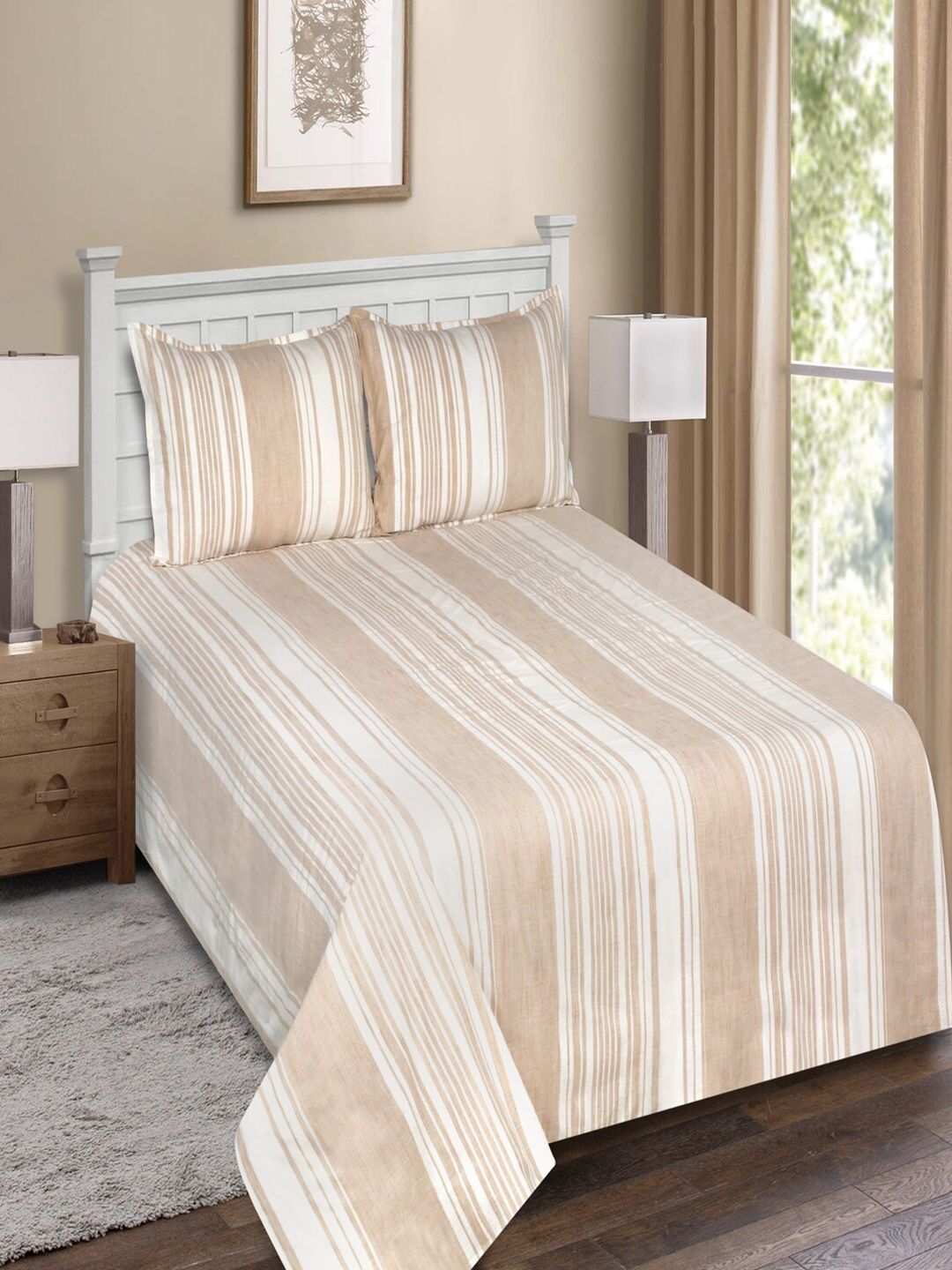SHADES of LIFE Beige & White Striped 250 TC King Bedsheet with 2 Pillow Covers Price in India