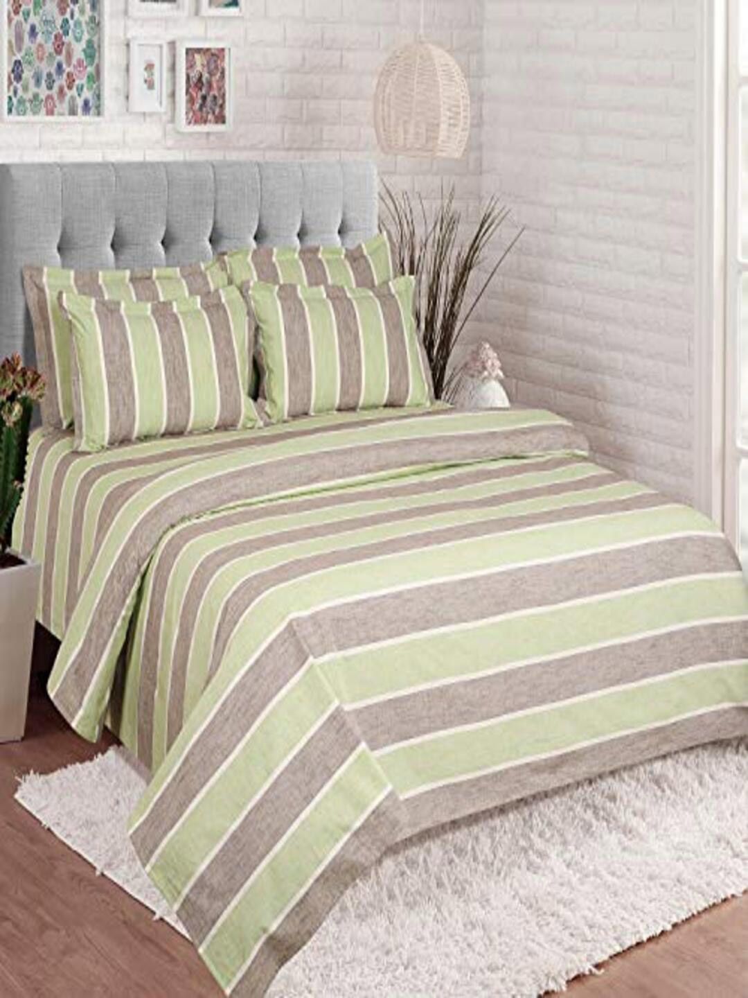 SHADES of LIFE Green & White Striped 250 TC King Bedsheet with 4 Pillow Covers Price in India
