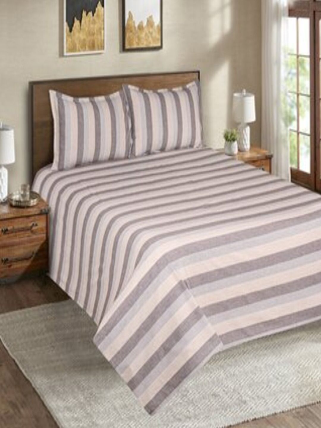 SHADES of LIFE Blue & Grey Striped 250 TC King Bedsheet with 2 Pillow Covers Price in India