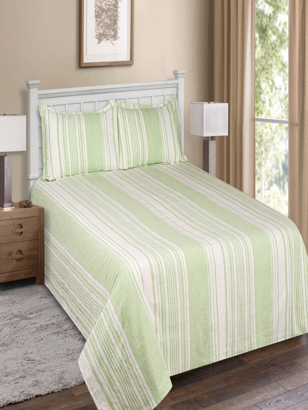 SHADES of LIFE Green & White Striped 250 TC King Bedsheet with 2 Pillow Covers Price in India