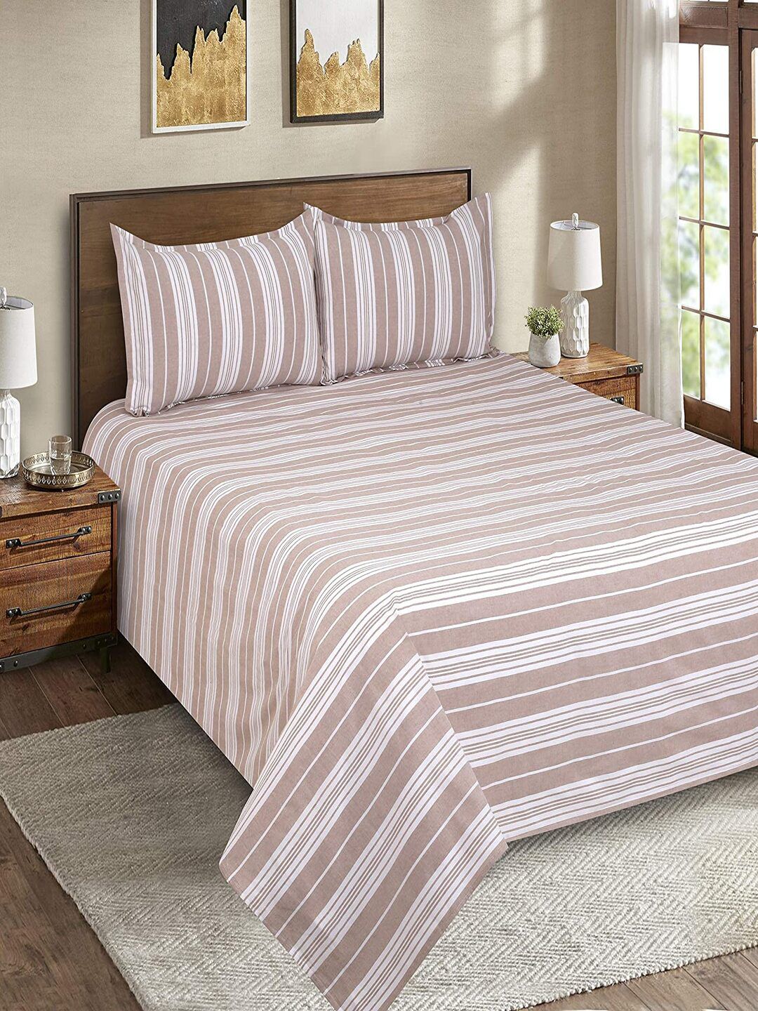 SHADES of LIFE Brown & White Striped 250 TC King Bedsheet with 2 Pillow Covers Price in India