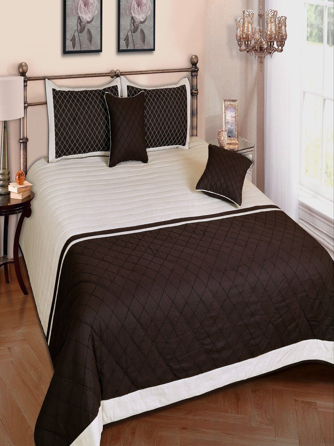SHADES of LIFE Beige & Brown Striped 250 TC King Bedsheet with 4 Pillow Covers Price in India