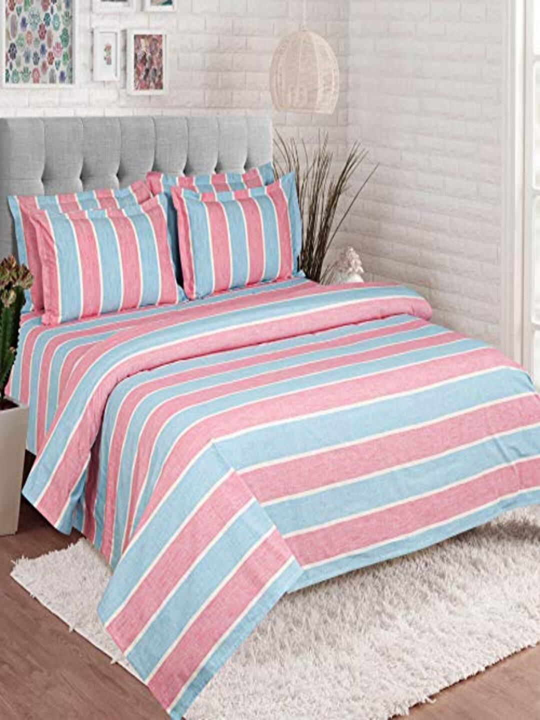 SHADES of LIFE Blue & Peach-Coloured Striped 250 TC King Bedsheet with 4 Pillow Covers Price in India