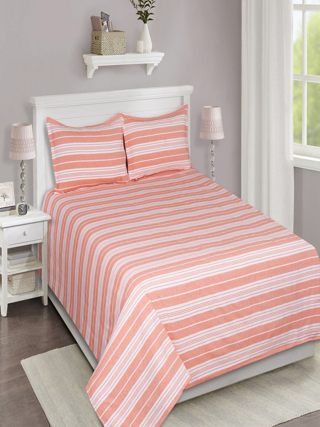 SHADES of LIFE Orange & White Striped 250 TC King Bedsheet with 2 Pillow Covers Price in India