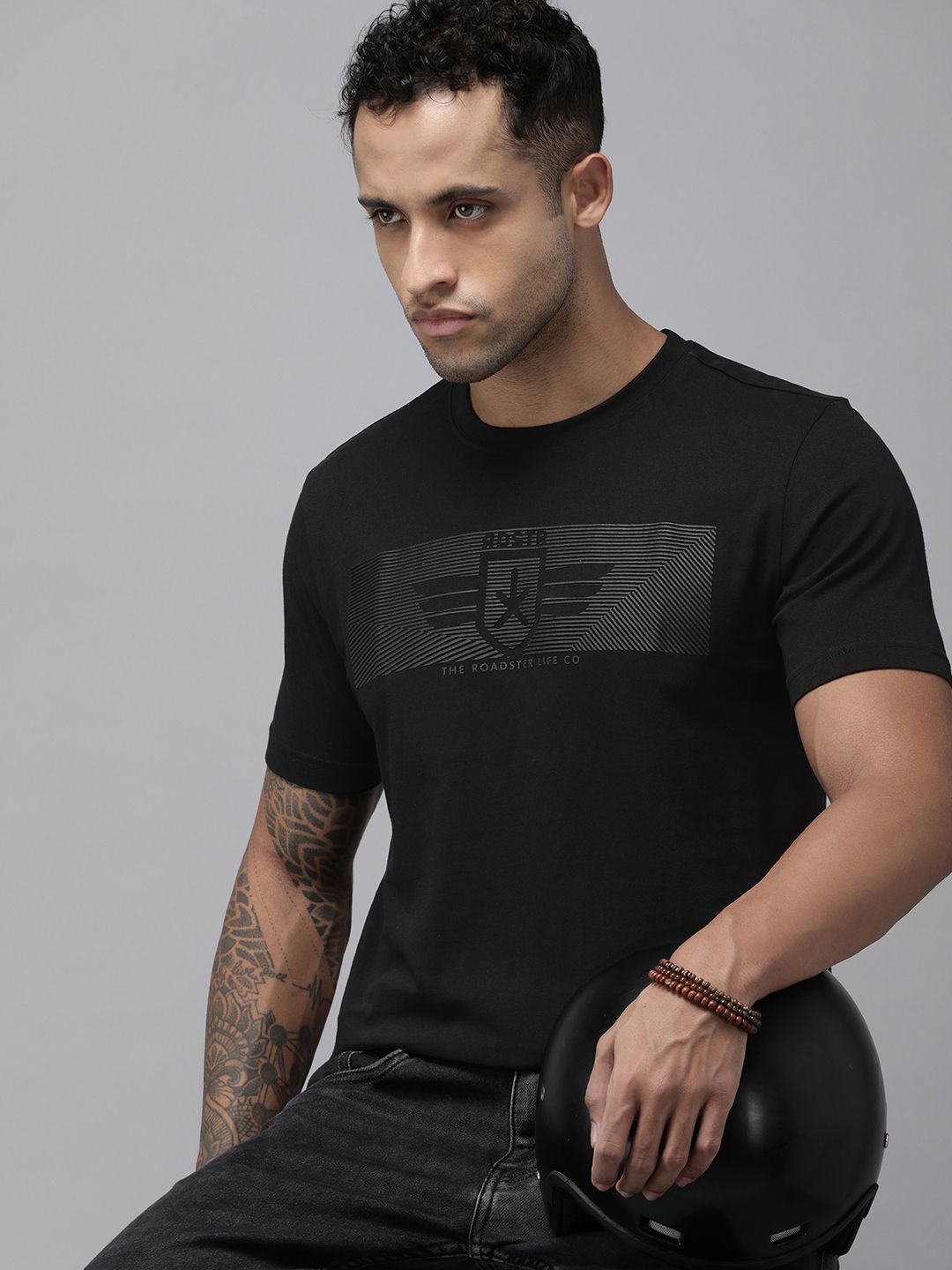 Roadster Men Black Printed Pure Cotton T-shirt