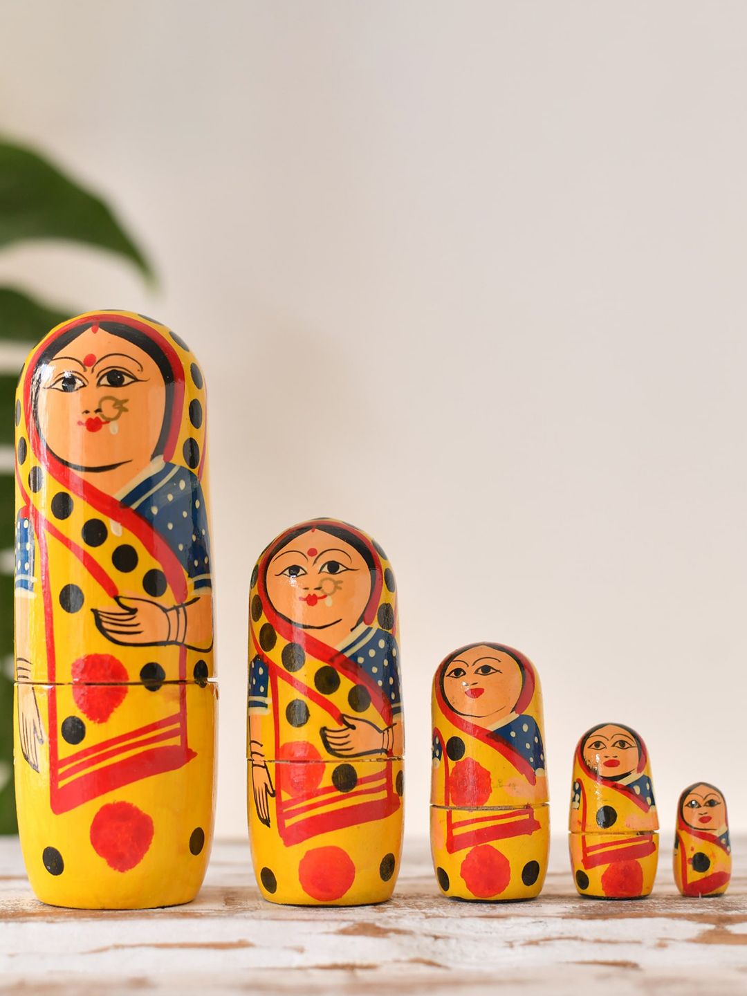 Fashion Bizz Set Of 5 Yellow & Red Hand-Painted Wooden Showpieces Price in India