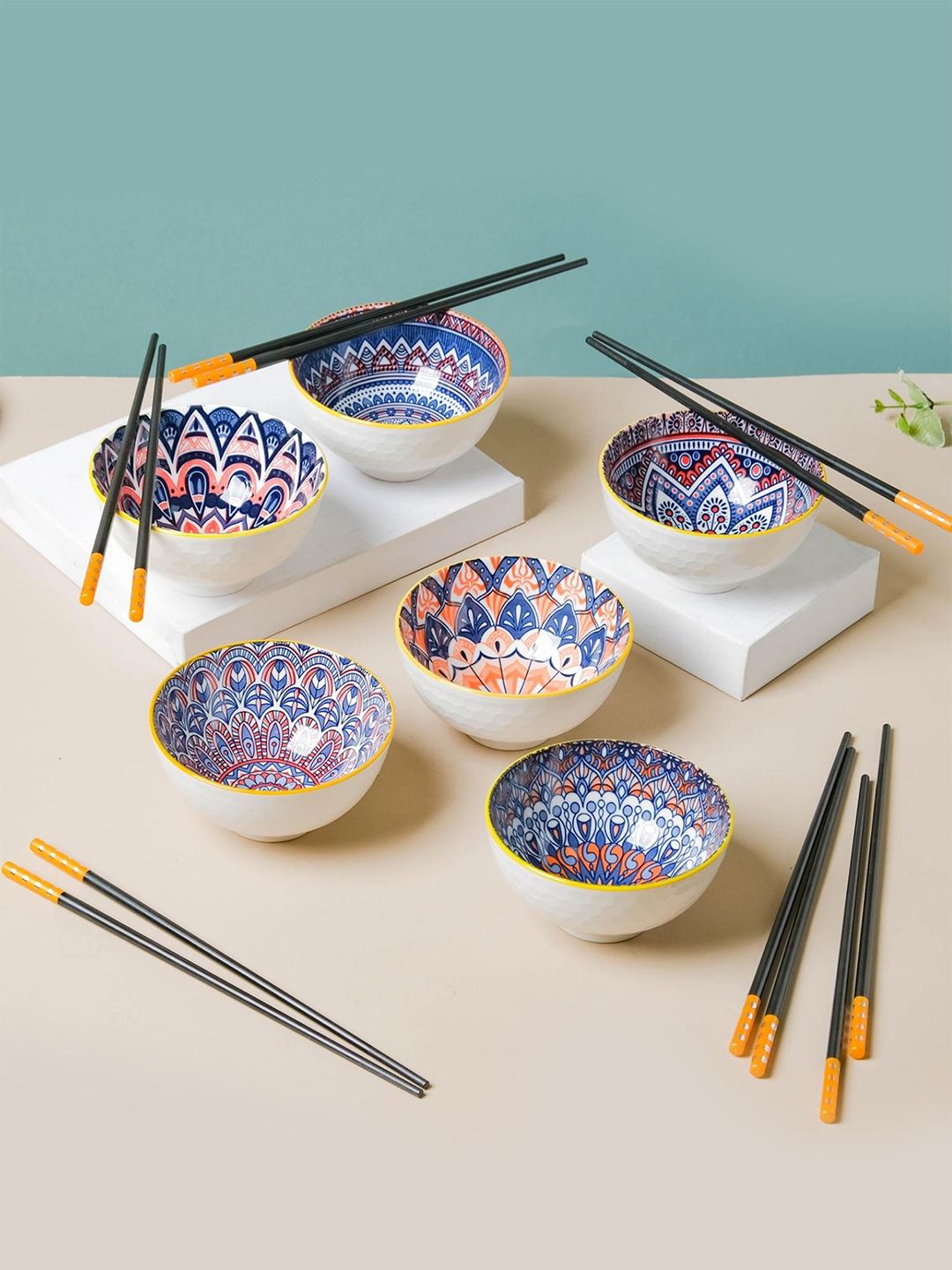 Nestasia Pack Of 6 Printed Ceramic Glossy Bowls And Chopsticks Price in India