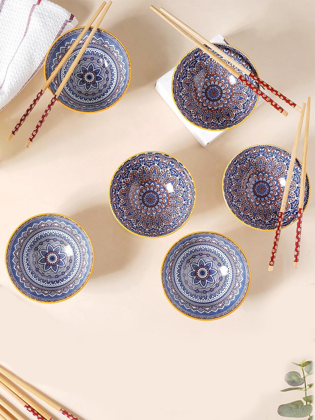 Nestasia White & Blue 6 Pieces Printed Ceramic Glossy Bowls Price in India