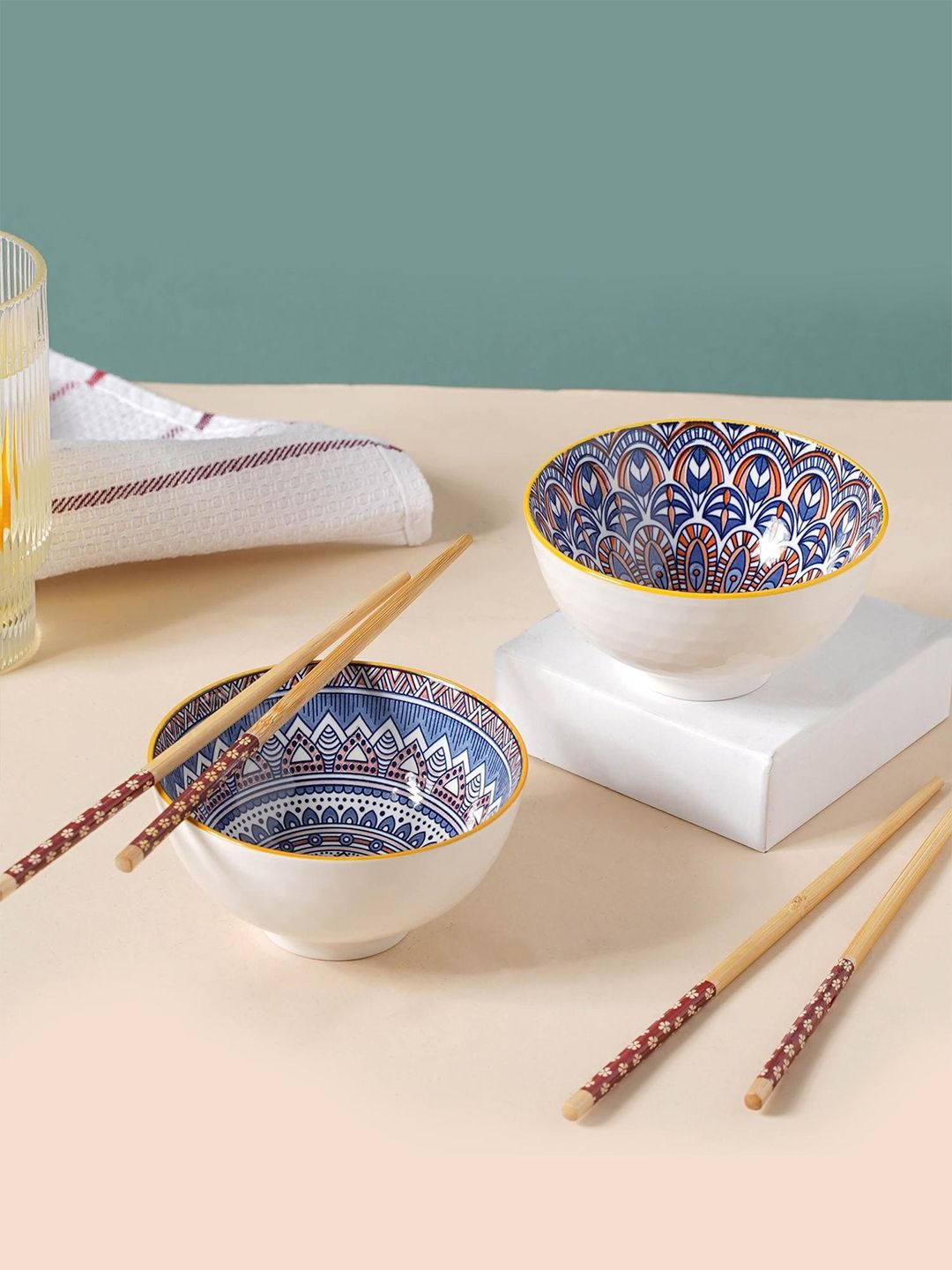 Nestasia Pack Of 2 Printed Ceramic Glossy Bowls And Chopsticks 200 ml Each Price in India