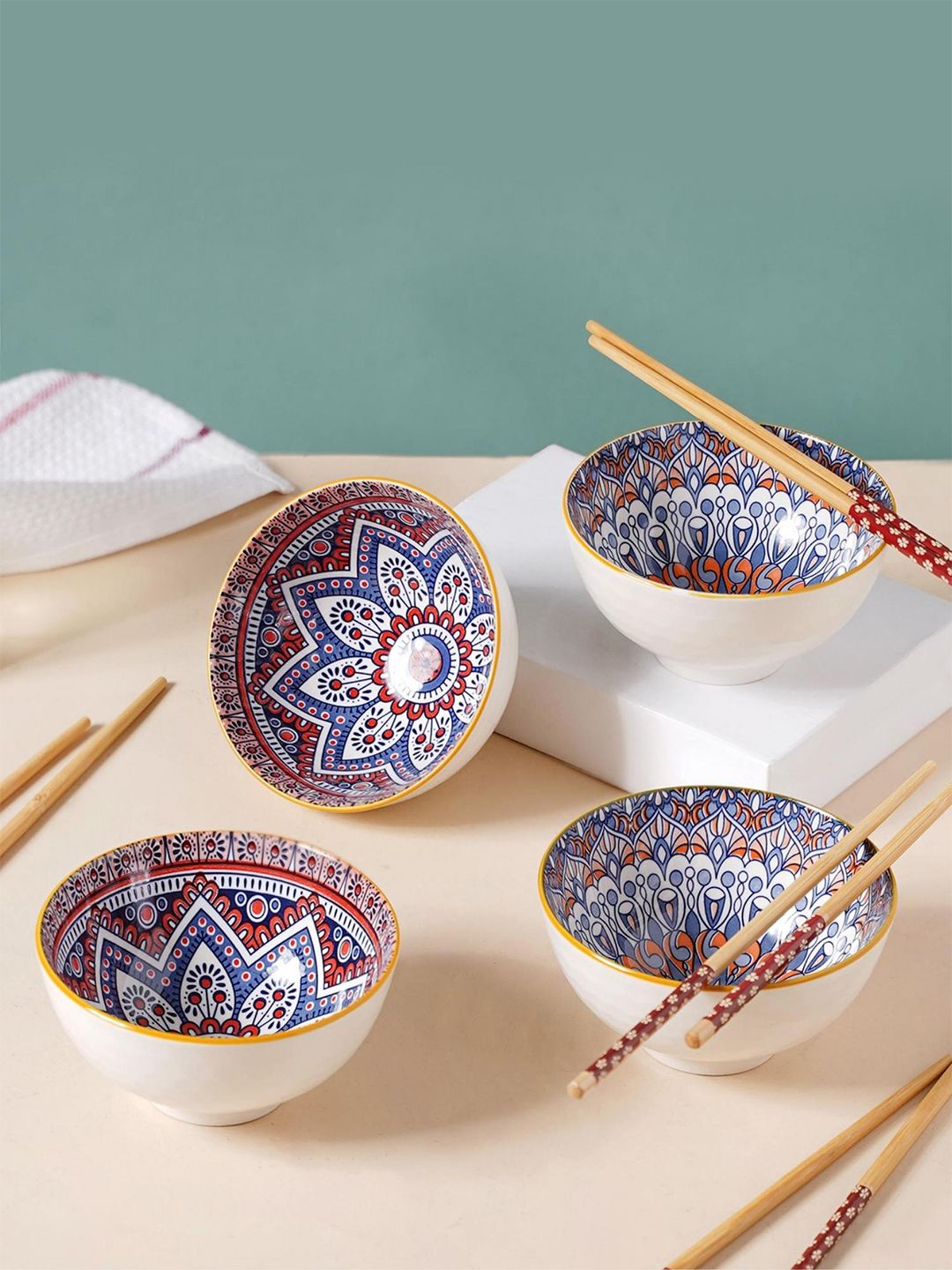 Nestasia Off Pack Of 4 Floral Printed Ceramic Glossy Bowls And Chopsticks 200 ml Each Price in India