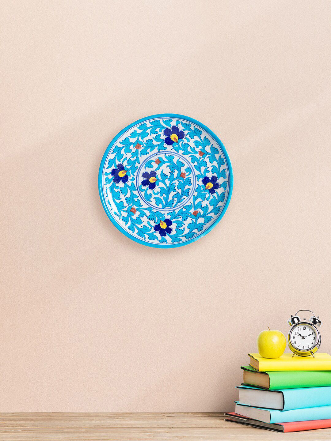 Golden Peacock Turquoise Blue & White Printed Pottery Floral Design Hand Painted Decorative Wall Plate Price in India