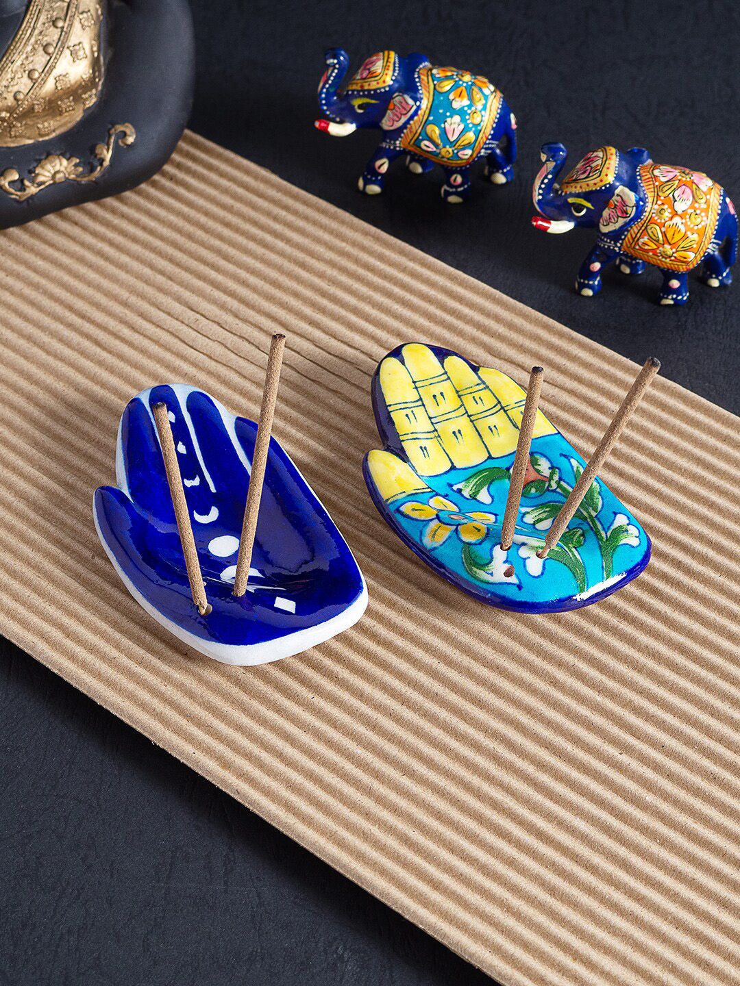 Golden Peacock Set Of 2 Blue Ceramic Incense Stick Holder Price in India