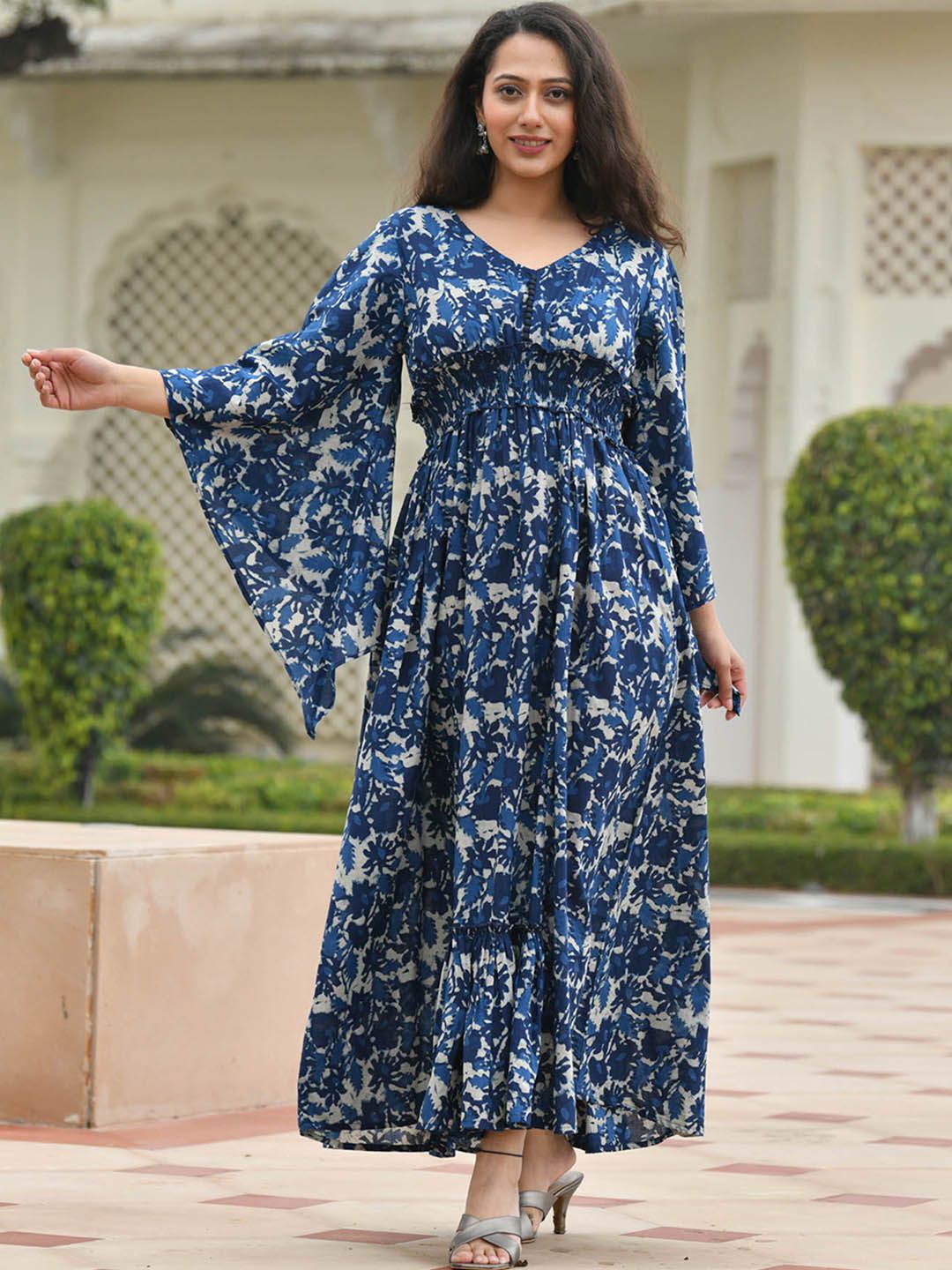 Mulmul By Arabella Navy Blue Floral Ethnic Empire Maxi Dress Price in India