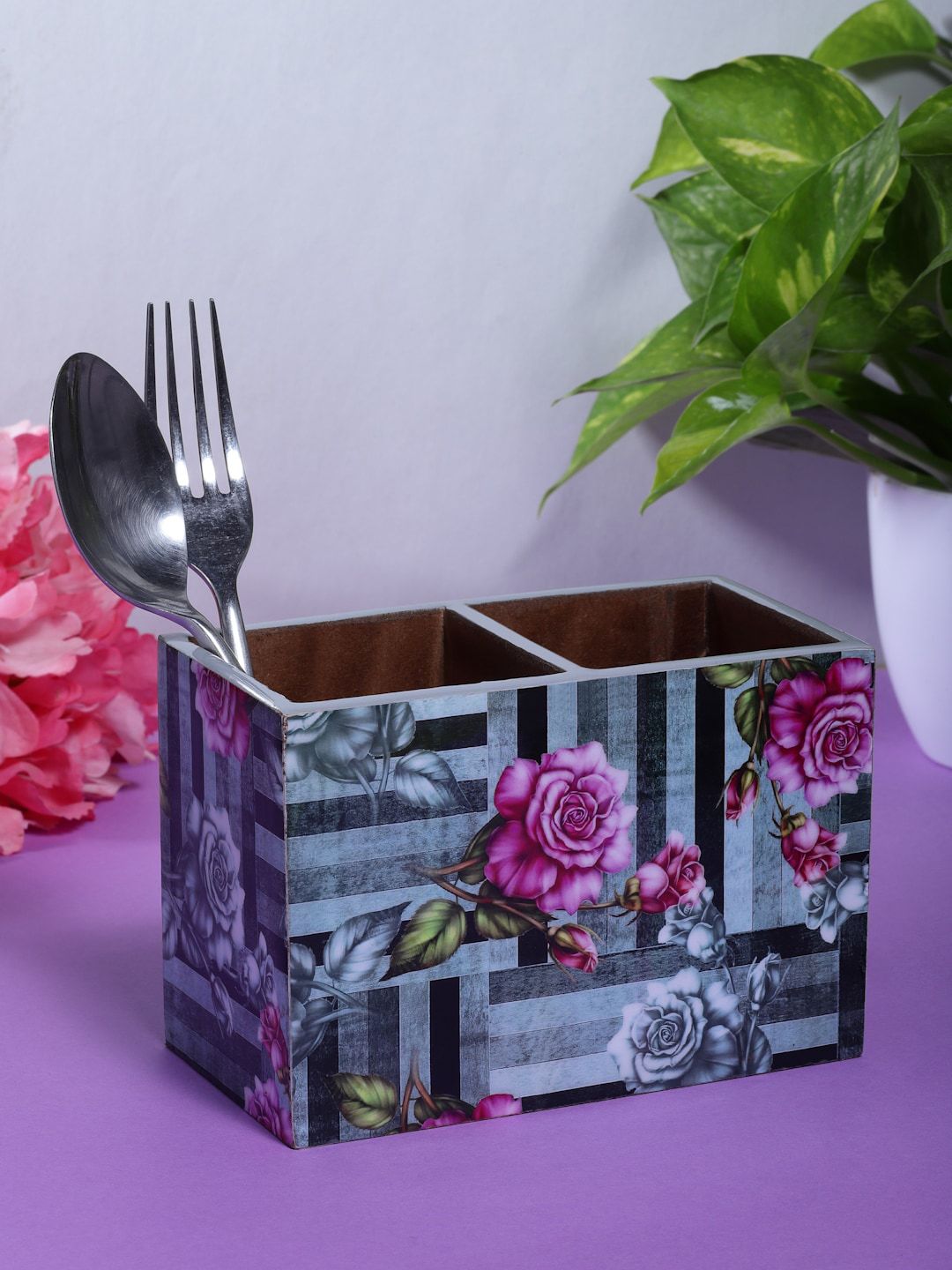 ROMEE Grey & Pink Printed Cutlery Stand 2 Compartment Price in India