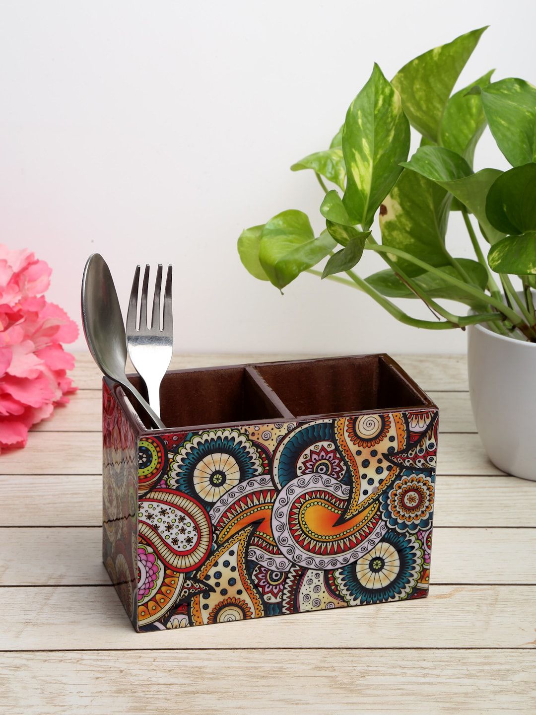 ROMEE Green & White Printed Wooden Cutlery Holder Price in India