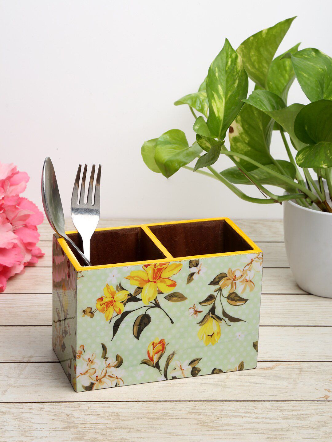 ROMEE Green & Yellow Printed Cutlery Stand Price in India