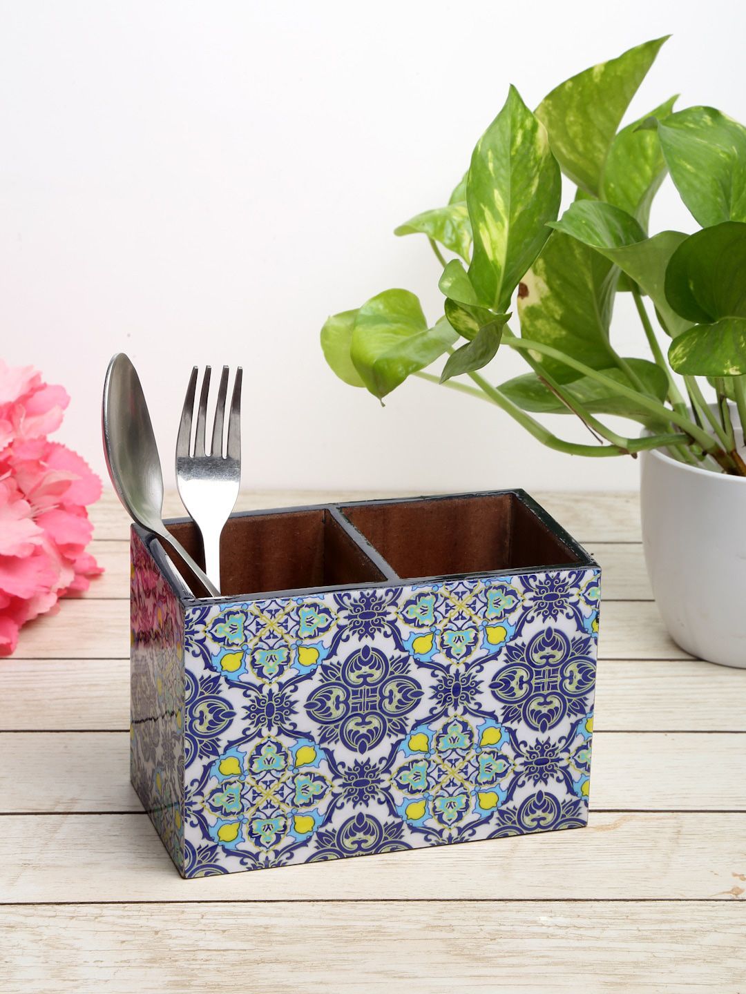 ROMEE Blue & White Printed Cutlery Stand With 2 Compartment Price in India