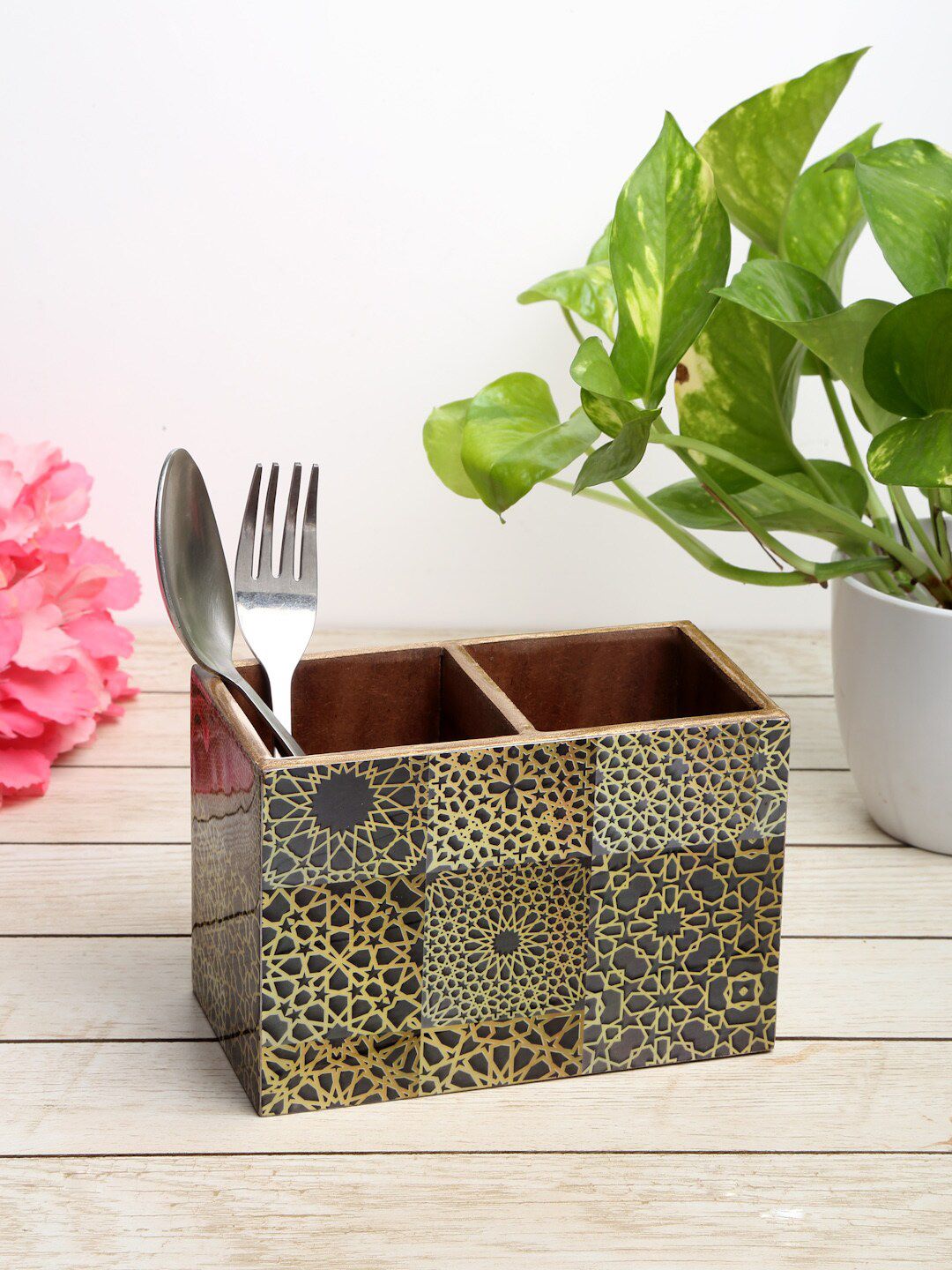 ROMEE Yellow Printed Wooden Cutlery Holder Price in India