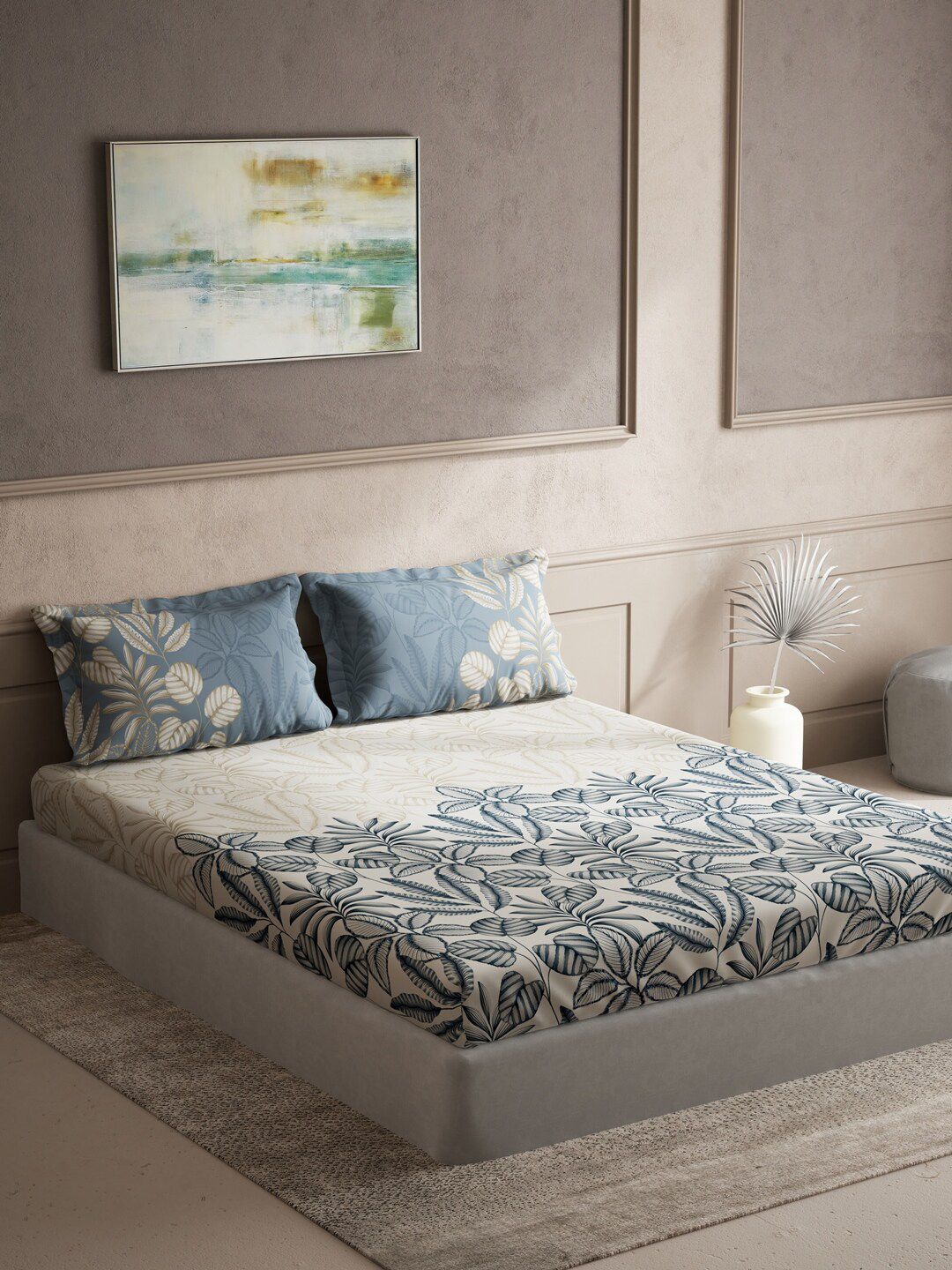 DDecor Blue & Cream-Coloured Floral 144 TC Queen Bedsheet with 2 Pillow Covers Price in India