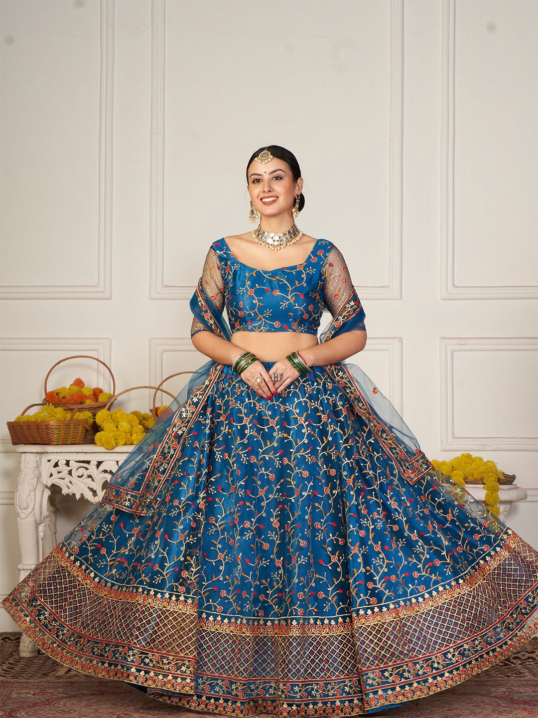 Atsevam Turquoise Blue & Pink Embroidered Semi-Stitched Lehenga Choli Price in India