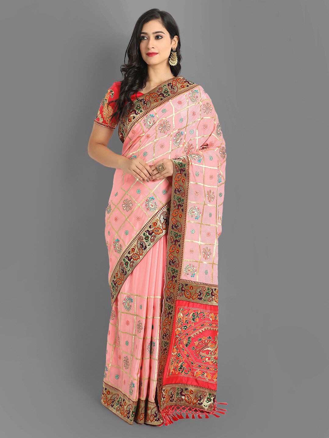 ASPORA Pink & Gold-Toned Checked Zari Silk Blend Heavy Work Patola Saree Price in India