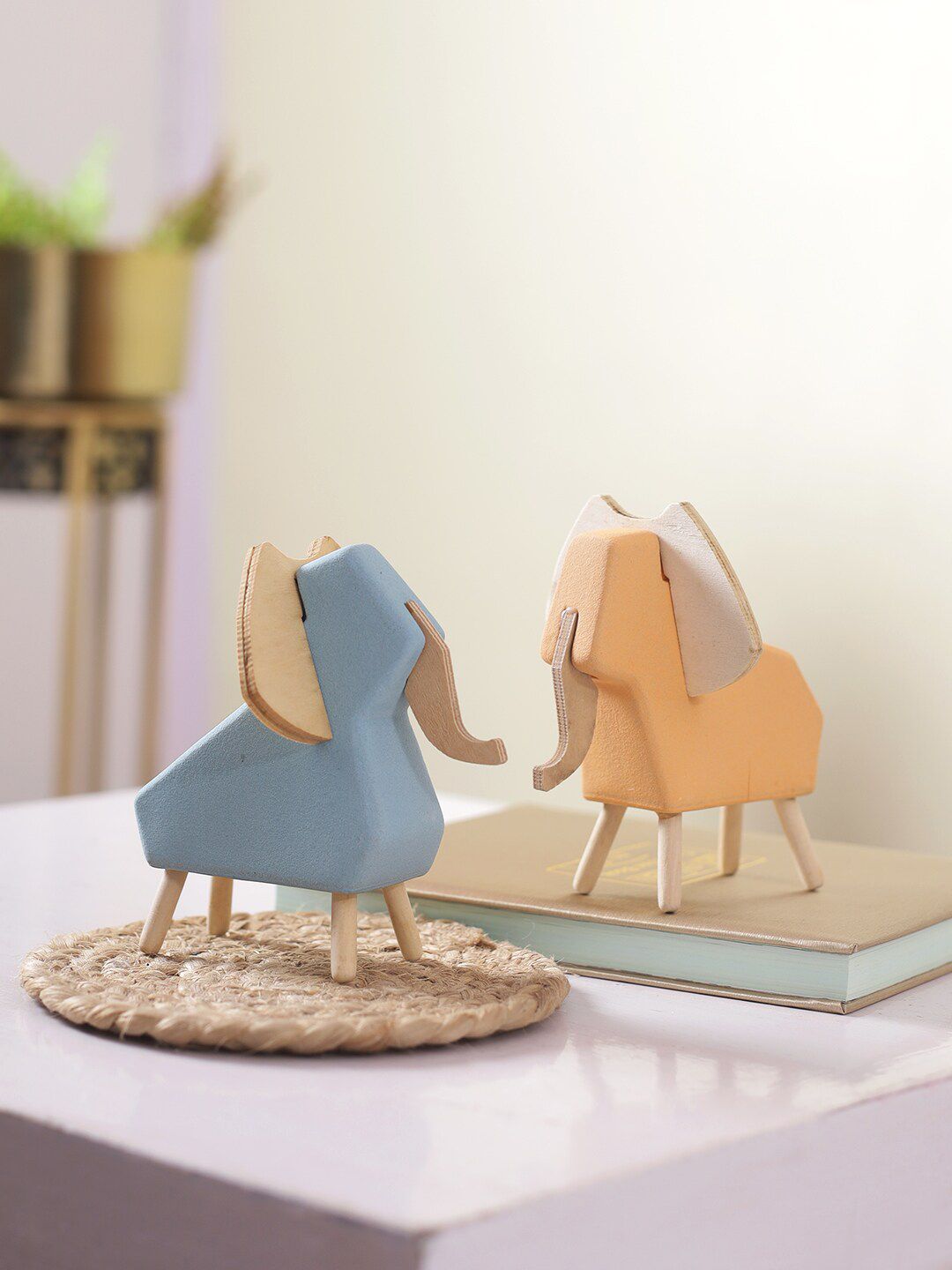 TAYHAA Set Of 2 Blue & Beige Solid Wooden Blend Elephant  Showpieces Price in India