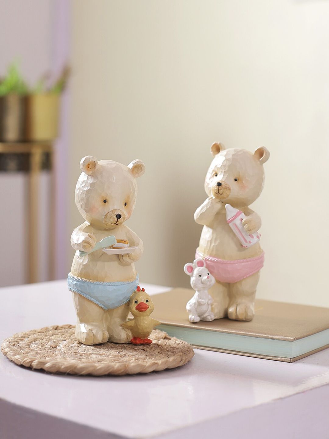 TAYHAA Set Of 2 Cream-Colored Bear Family Showpieces Price in India