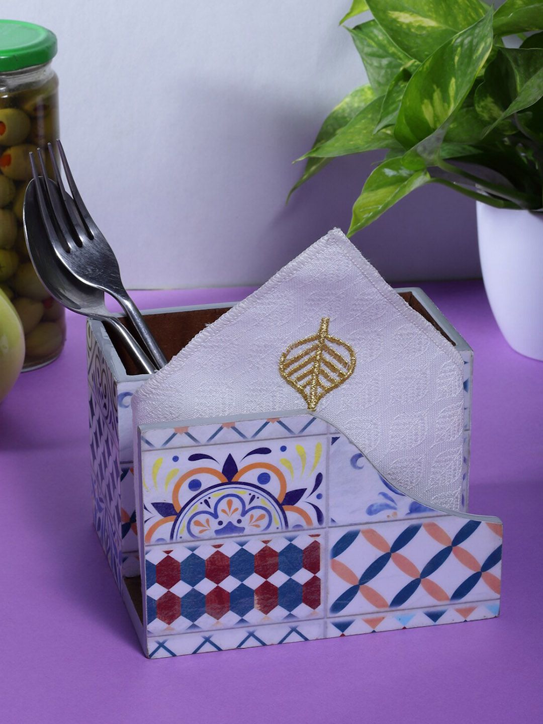 ROMEE White & Blue Printed Wooden Cutlery & Tissue holder Price in India