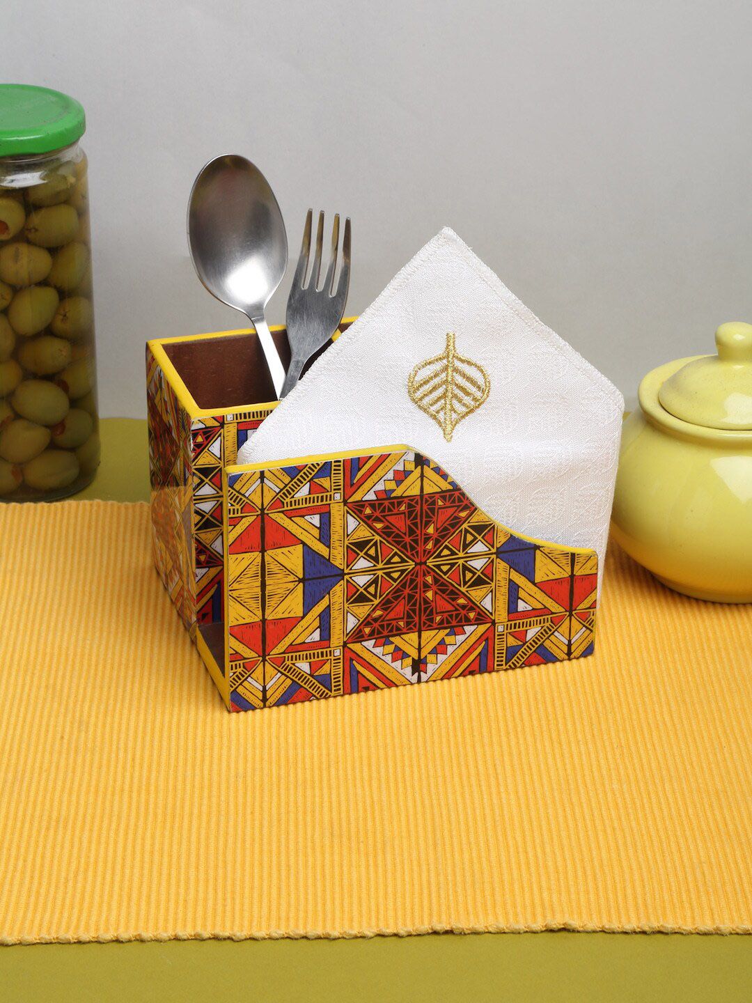 ROMEE Yellow Printed Cutlery Holder For Dining with Tissue Paper Holder Price in India