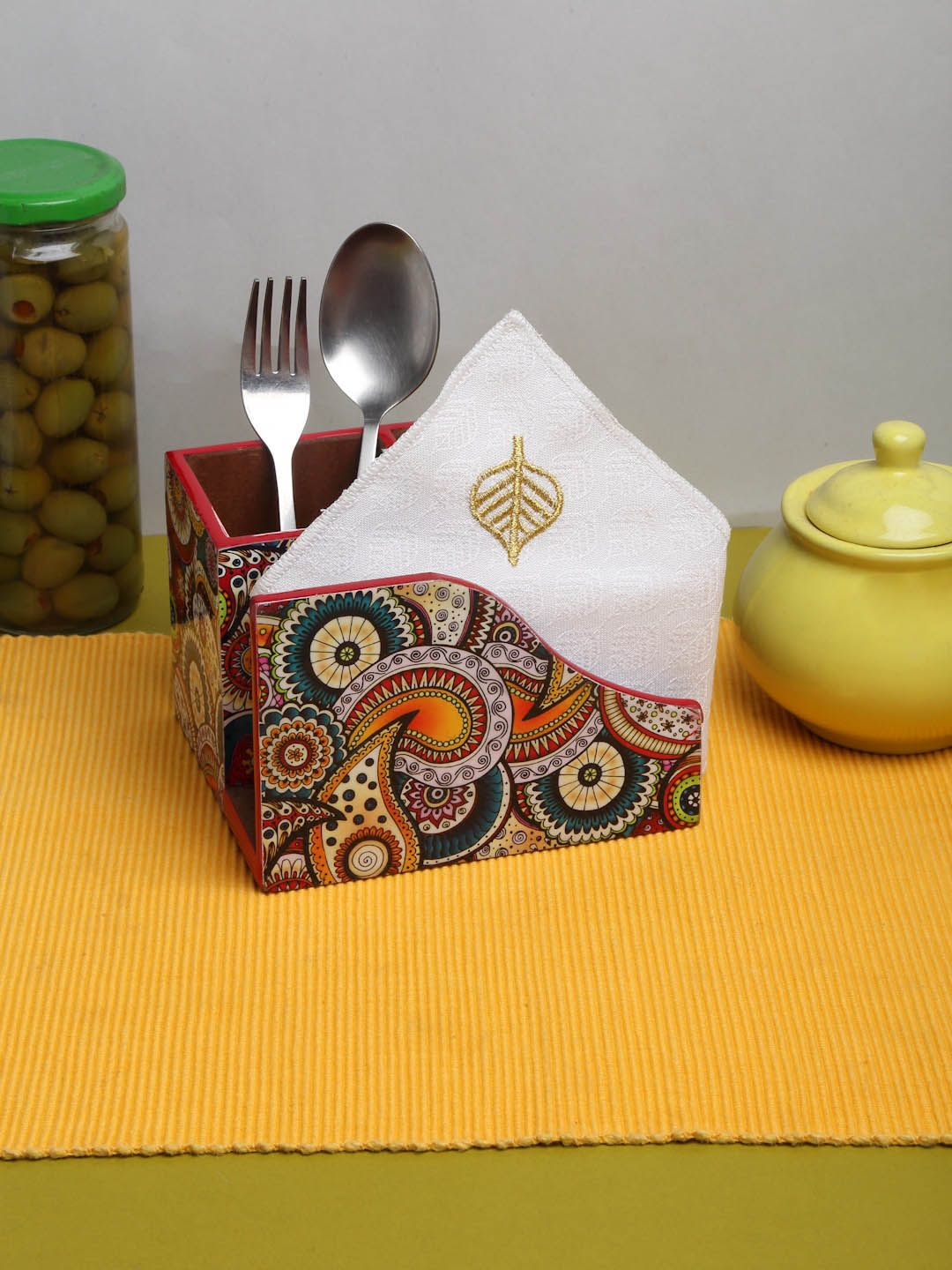 ROMEE Blue & Red Printed Wooden Cutlery Holder with Tissue Paper Holder Price in India